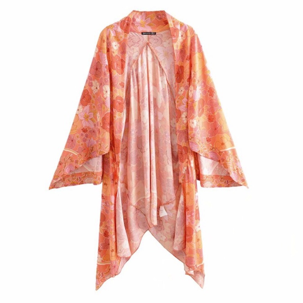 Orange Boho Floral Print Kimono Beach Wrap - Picture 5 of 8